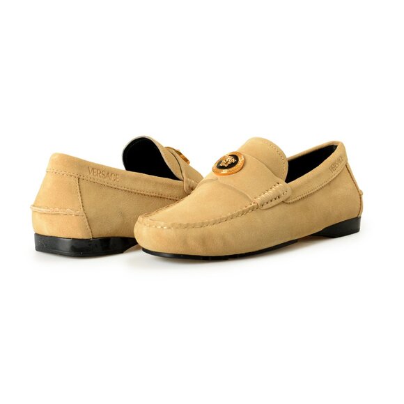 Versace Men\'s 100% Suede Leather Gold Medusa Driver Loafers Shoes US 8 IT 41